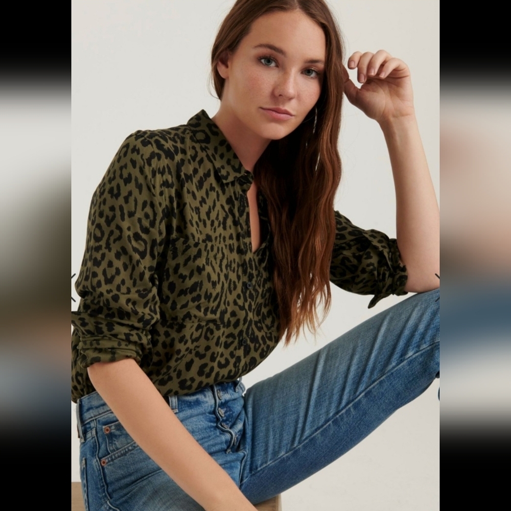 Lucky Brand Olive Green & Black Animal Print Button-up Blouse
